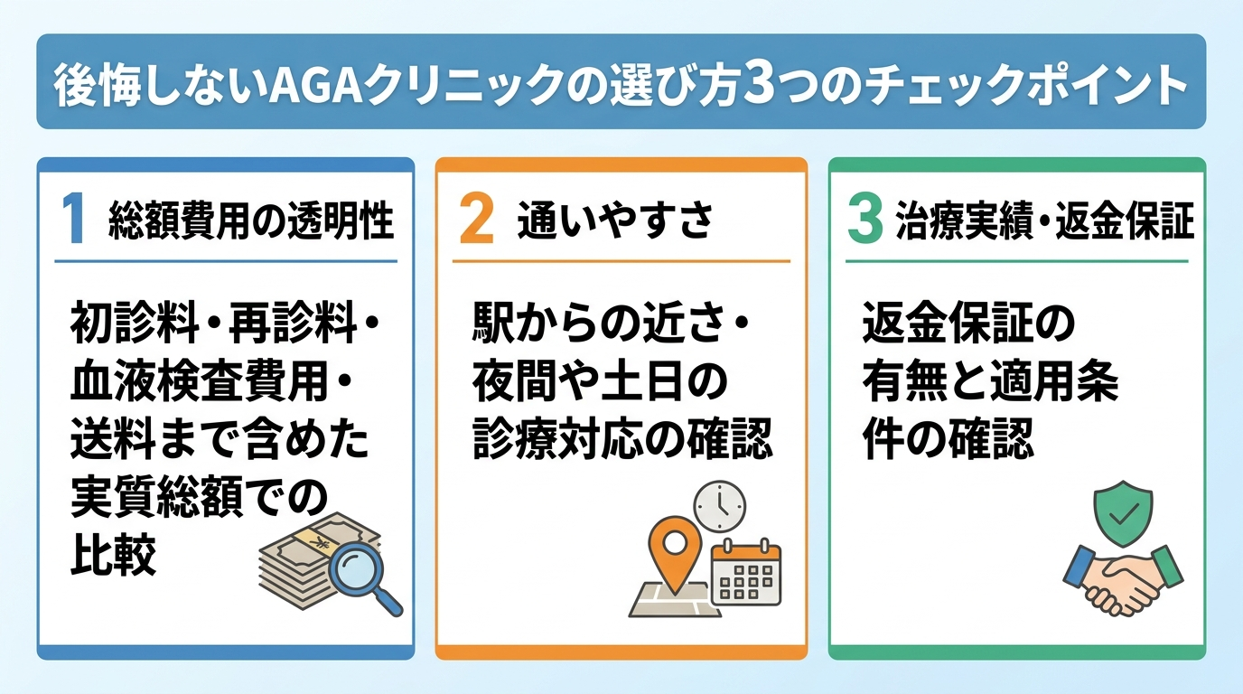 タイトル: 後悔しないAGAクリニックの選び方3つのチェックポイント。縦並び3項目のチェックリスト。項目1: 総額費用の透明性 - 初診料・再診料・血液検査費用・送料まで含めた実質総額で比較する。項目2: 通いやすさ - 駅からの近さ・夜間や土日の診療対応を確認する。項目3: 治療実績・返金保証 - 返金保証の有無と適用条件を確認する。