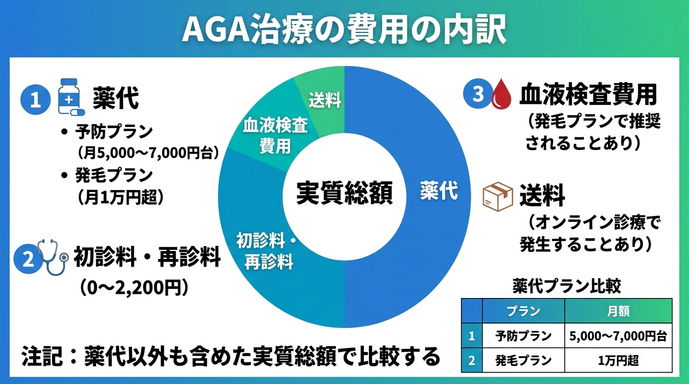 タイトル: AGA治療の費用の内訳。1枚のインフォグラフィック。中央に「実質総額」の円グラフ。構成要素: 薬代（予防プラン月5,000〜7,000円台/発毛プラン月1万円超）、初診料・再診料（0〜2,200円）、血液検査費用（発毛プランで推奨されることあり）、送料（オンライン診療で発生することあり）。注記: 薬代以外も含めた実質総額で比較する。