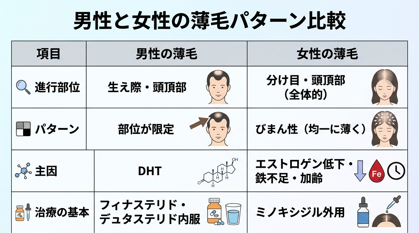 タイトル: 男性と女性の薄毛パターン比較。2列の表: ヘッダー行: 項目 | 男性の薄毛 | 女性の薄毛。行1: 進行部位 | 生え際・頭頂部 | 分け目・頭頂部（全体的）。行2: パターン | 部位が限定 | びまん性（均一に薄く）。行3: 主因 | DHT | エストロゲン低下・鉄不足・加齢。行4: 治療の基本 | フィナステリド・デュタステリド内服 | ミノキシジル外用。