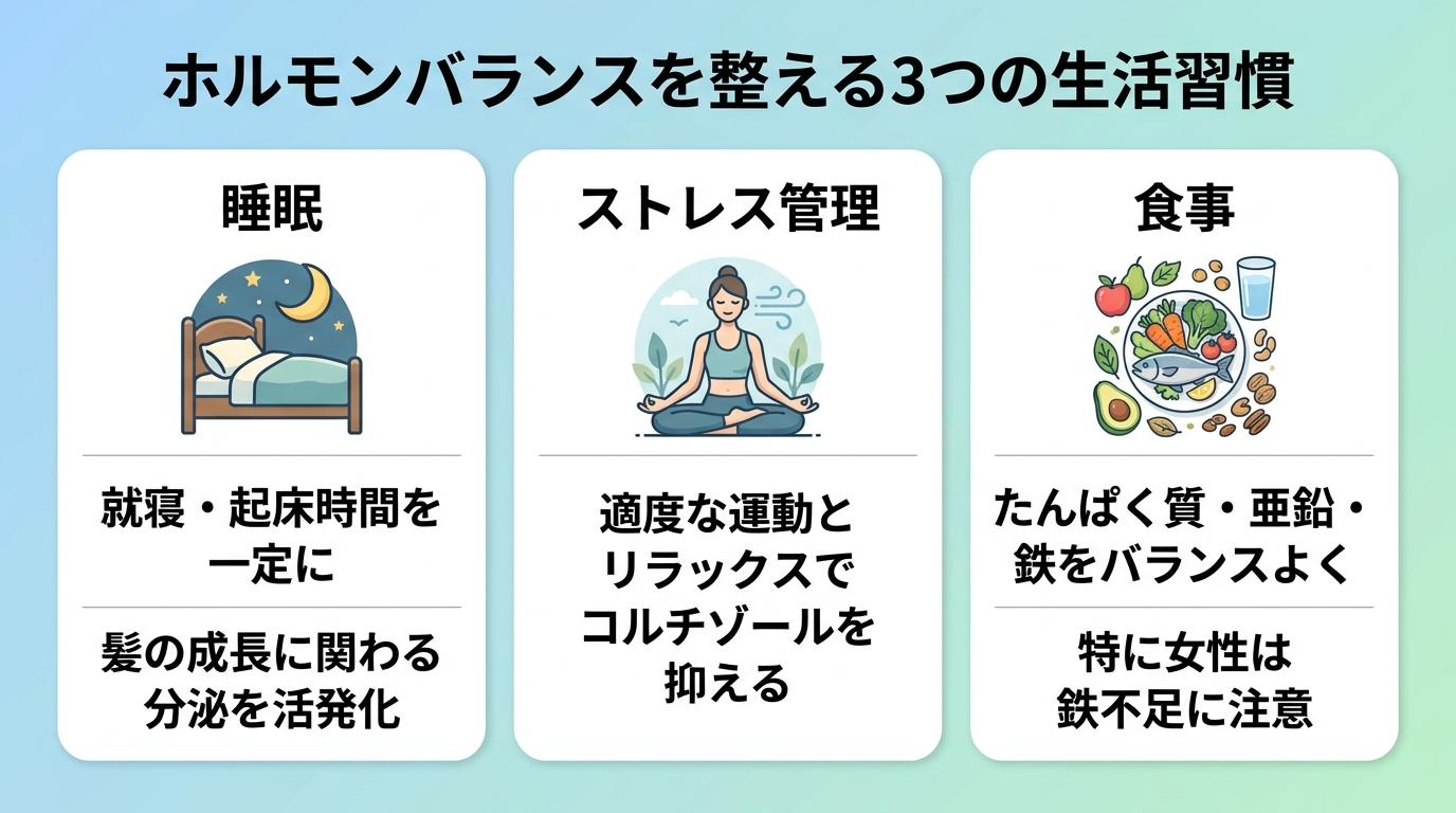 タイトル: ホルモンバランスを整える3つの生活習慣。横並び3カードで: カード1（ベッドのアイコン）ヘッダー: 睡眠、説明: 就寝・起床時間を一定に。髪の成長に関わる分泌を活発化。カード2（深呼吸のアイコン）ヘッダー: ストレス管理、説明: 適度な運動とリラックスでコルチゾールを抑える。カード3（食事のアイコン）ヘッダー: 食事、説明: たんぱく質・亜鉛・鉄をバランスよく。特に女性は鉄不足に注意。