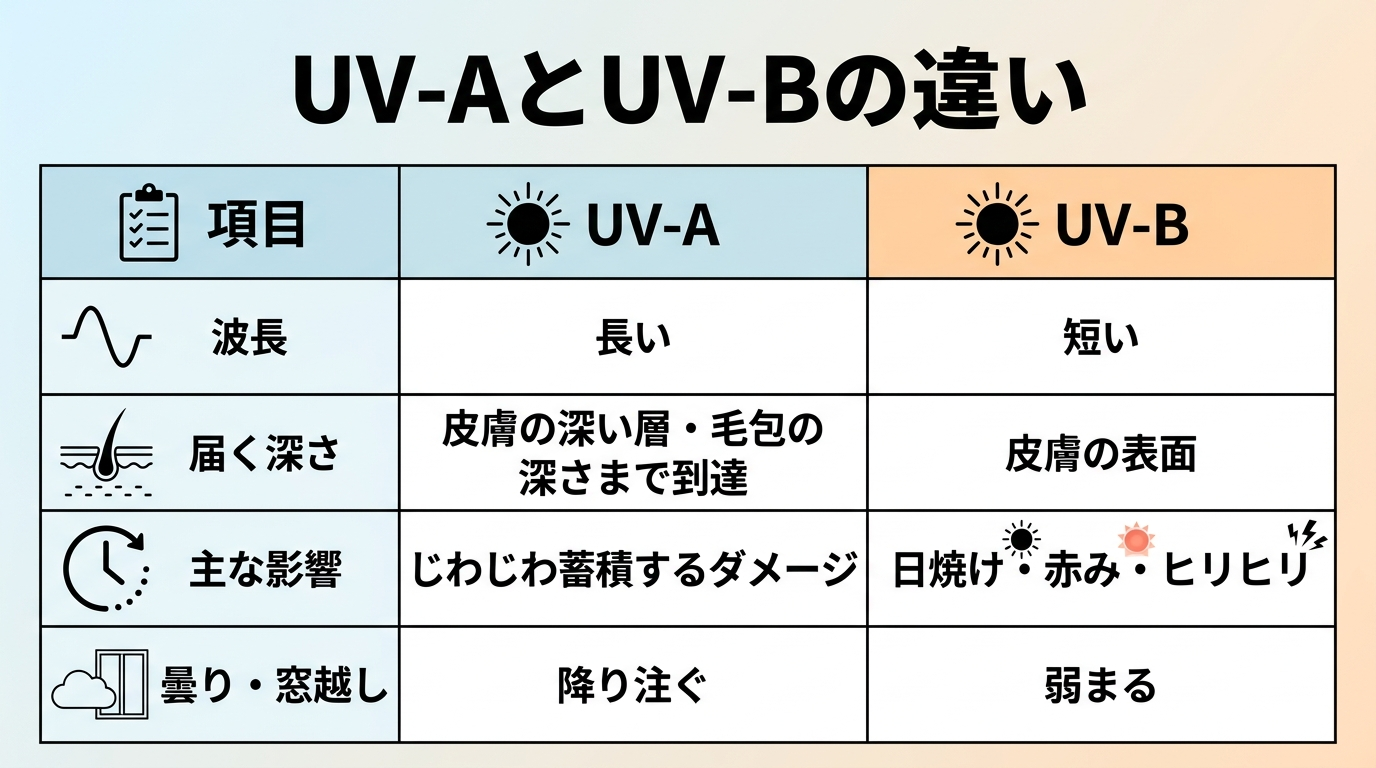 タイトル: UV-AとUV-Bの違い。2列の比較表。ヘッダー: 項目 | UV-A | UV-B。行1: 波長 | 長い | 短い。行2: 届く深さ | 皮膚の深い層・毛包の深さまで到達 | 皮膚の表面。行3: 主な影響 | じわじわ蓄積するダメージ | 日焼け・赤み・ヒリヒリ。行4: 曇り・窓越し | 降り注ぐ | 弱まる