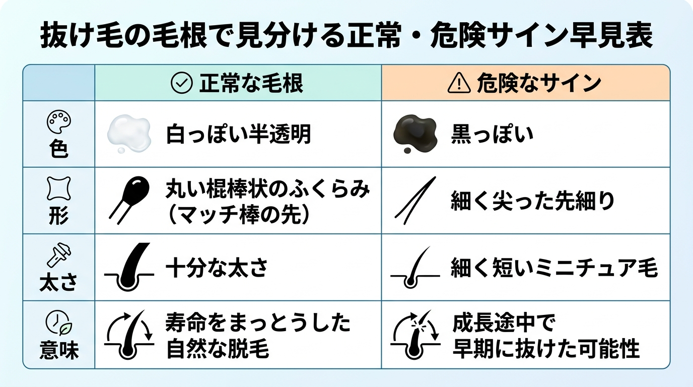 タイトル: 抜け毛の毛根で見分ける正常・危険サイン早見表。2列の表: ヘッダー行: 正常な毛根 | 危険なサイン。行1: 色 → 白っぽい半透明 | 黒っぽい。行2: 形 → 丸い棍棒状のふくらみ(マッチ棒の先) | 細く尖った先細り。行3: 太さ → 十分な太さ | 細く短いミニチュア毛。行4: 意味 → 寿命をまっとうした自然な脱毛 | 成長途中で早期に抜けた可能性