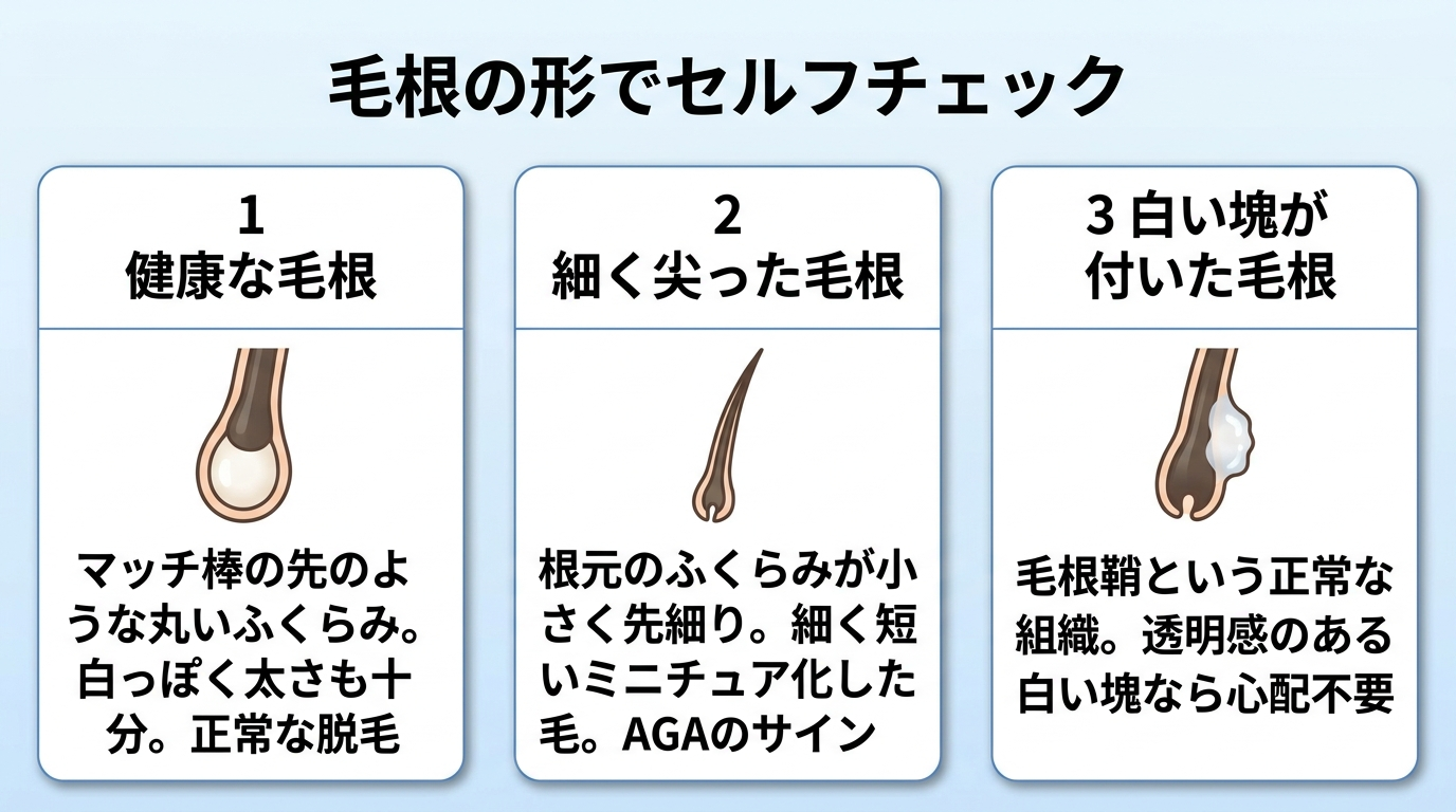 タイトル: 毛根の形でセルフチェック。横並び3カードで: カード1(丸いふくらみのアイコン)ヘッダー: 健康な毛根、説明: マッチ棒の先のような丸いふくらみ。白っぽく太さも十分。正常な脱毛。カード2(細い尖りのアイコン)ヘッダー: 細く尖った毛根、説明: 根元のふくらみが小さく先細り。細く短いミニチュア化した毛。AGAのサイン。カード3(白いゼリー状の塊のアイコン)ヘッダー: 白い塊が付いた毛根、説明: 毛根鞘という正常な組織。透明感のある白い塊なら心配不要