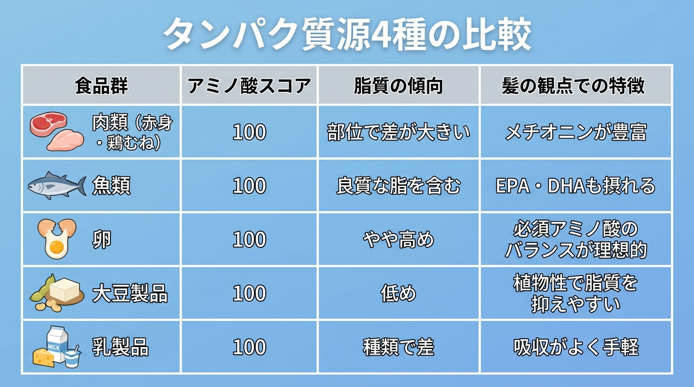 タイトル: タンパク質源4種の比較。4列の表: ヘッダー行: 食品群 | アミノ酸スコア | 脂質の傾向 | 髪の観点での特徴。行1: 肉類(赤身・鶏むね) | 100 | 部位で差が大きい | メチオニンが豊富。行2: 魚類 | 100 | 良質な脂を含む | EPA・DHAも摂れる。行3: 卵 | 100 | やや高め | 必須アミノ酸のバランスが理想的。行4: 大豆製品 | 100 | 低め | 植物性で脂質を抑えやすい。行5: 乳製品 | 100 | 種類で差 | 吸収がよく手軽