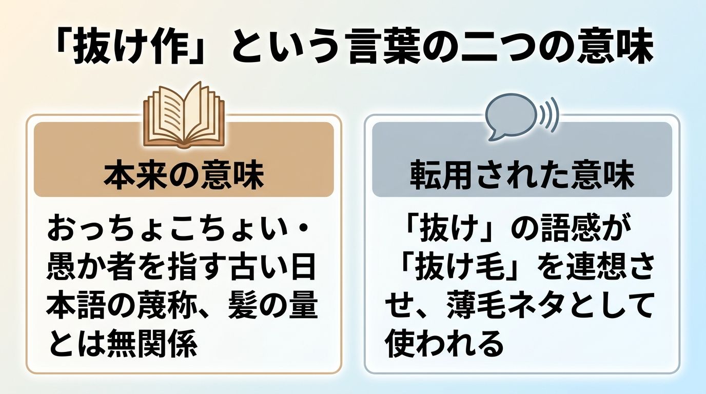 タイトル: 「抜け作」という言葉の二つの意味。横並び2カードで: カード1(本のアイコン)ヘッダー: 本来の意味、説明: おっちょこちょい・愚か者を指す古い日本語の蔑称。髪の量とは無関係。カード2(吹き出しのアイコン)ヘッダー: 転用された意味、説明: 「抜け」の語感が「抜け毛」を連想させ、薄毛ネタとして使われる。
