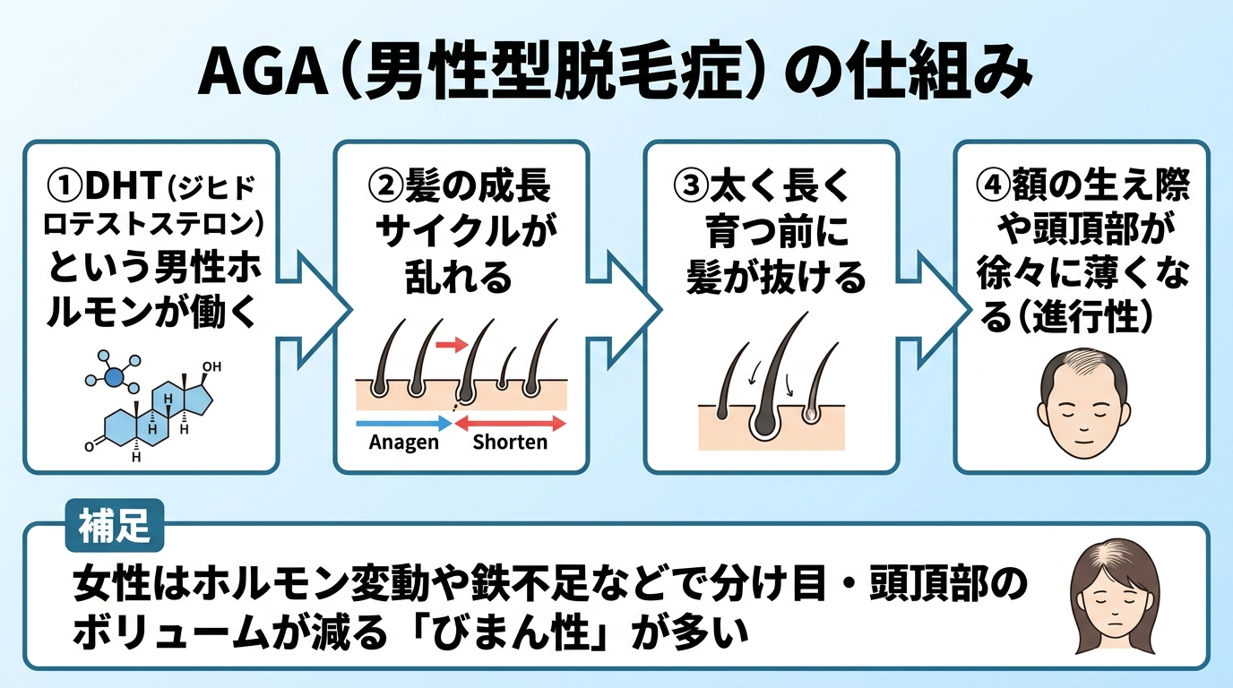 タイトル: AGA(男性型脱毛症)の仕組み。フロー図で: ①DHT(ジヒドロテストステロン)という男性ホルモンが働く → ②髪の成長サイクルが乱れる → ③太く長く育つ前に髪が抜ける → ④額の生え際や頭頂部が徐々に薄くなる(進行性)。補足: 女性はホルモン変動や鉄不足などで分け目・頭頂部のボリュームが減る「びまん性」が多い。