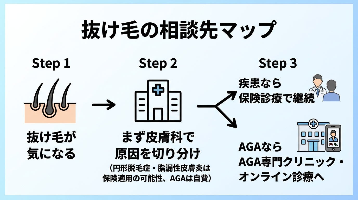 タイトル: 抜け毛の相談先マップ。3ステップのフロー図で: ステップ1(頭皮のアイコン)『抜け毛が気になる』→ ステップ2(皮膚科の建物アイコン)『まず皮膚科で原因を切り分け(円形脱毛症・脂漏性皮膚炎は保険適用の可能性、AGAは自費)』→ ステップ3(分岐矢印)『疾患なら保険診療で継続 / AGAならAGA専門クリニック・オンライン診療へ』。各ステップに矢印でつなぐ