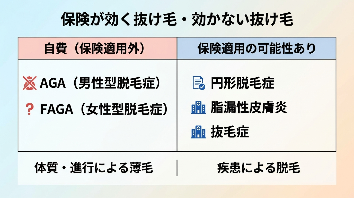 タイトル: 保険が効く抜け毛・効かない抜け毛。2列の比較表: 左列ヘッダー『自費(保険適用外)』: AGA(男性型脱毛症)、FAGA(女性型脱毛症)。右列ヘッダー『保険適用の可能性あり』: 円形脱毛症、脂漏性皮膚炎、抜毛症。左列は体質・進行による薄毛、右列は疾患による脱毛と注記