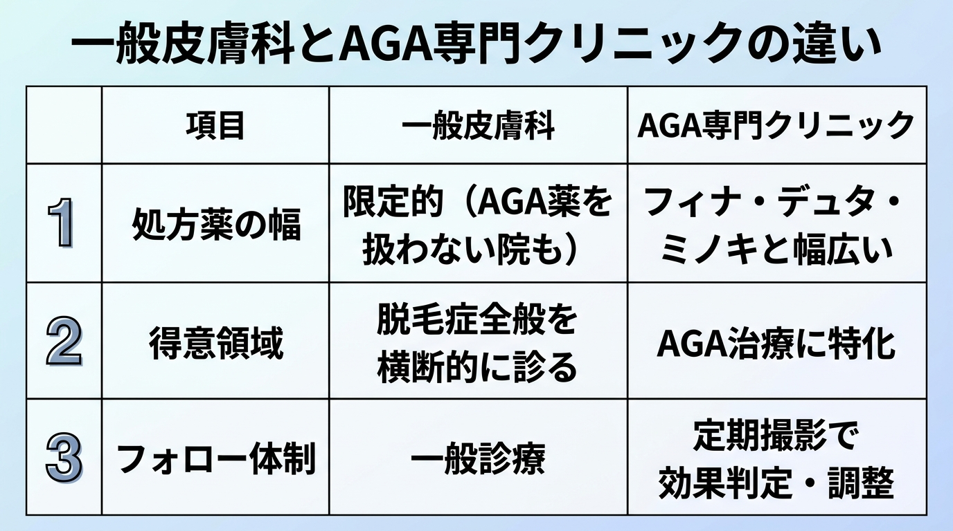 タイトル: 一般皮膚科とAGA専門クリニックの違い。3列の比較表: ヘッダー行『項目 | 一般皮膚科 | AGA専門クリニック』。行1『処方薬の幅 | 限定的(AGA薬を扱わない院も) | フィナ・デュタ・ミノキと幅広い』。行2『得意領域 | 脱毛症全般を横断的に診る | AGA治療に特化』。行3『フォロー体制 | 一般診療 | 定期撮影で効果判定・調整』