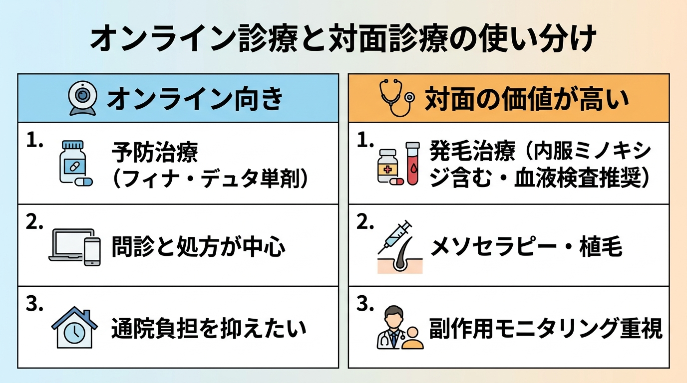 タイトル: オンライン診療と対面診療の使い分け。2列の比較表: 左列ヘッダー『オンライン向き』: 予防治療(フィナ・デュタ単剤)、問診と処方が中心、通院負担を抑えたい。右列ヘッダー『対面の価値が高い』: 発毛治療(内服ミノキシジル含む・血液検査推奨)、メソセラピー・植毛、副作用モニタリング重視