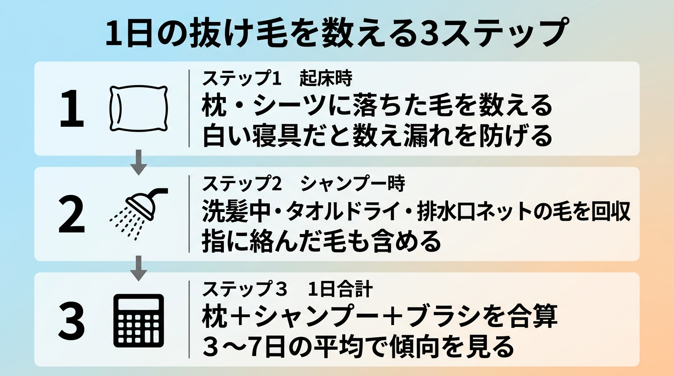 タイトル: 1日の抜け毛を数える3ステップ。縦フロー図で: ステップ1(枕アイコン)起床時: 枕・シーツに落ちた毛を数える。白い寝具だと数え漏れを防げる。ステップ2(シャワーアイコン)シャンプー時: 洗髪中・タオルドライ・排水口ネットの毛を回収。指に絡んだ毛も含める。ステップ3(電卓アイコン)1日合計: 枕+シャンプー+ブラシを合算。3〜7日の平均で傾向を見る