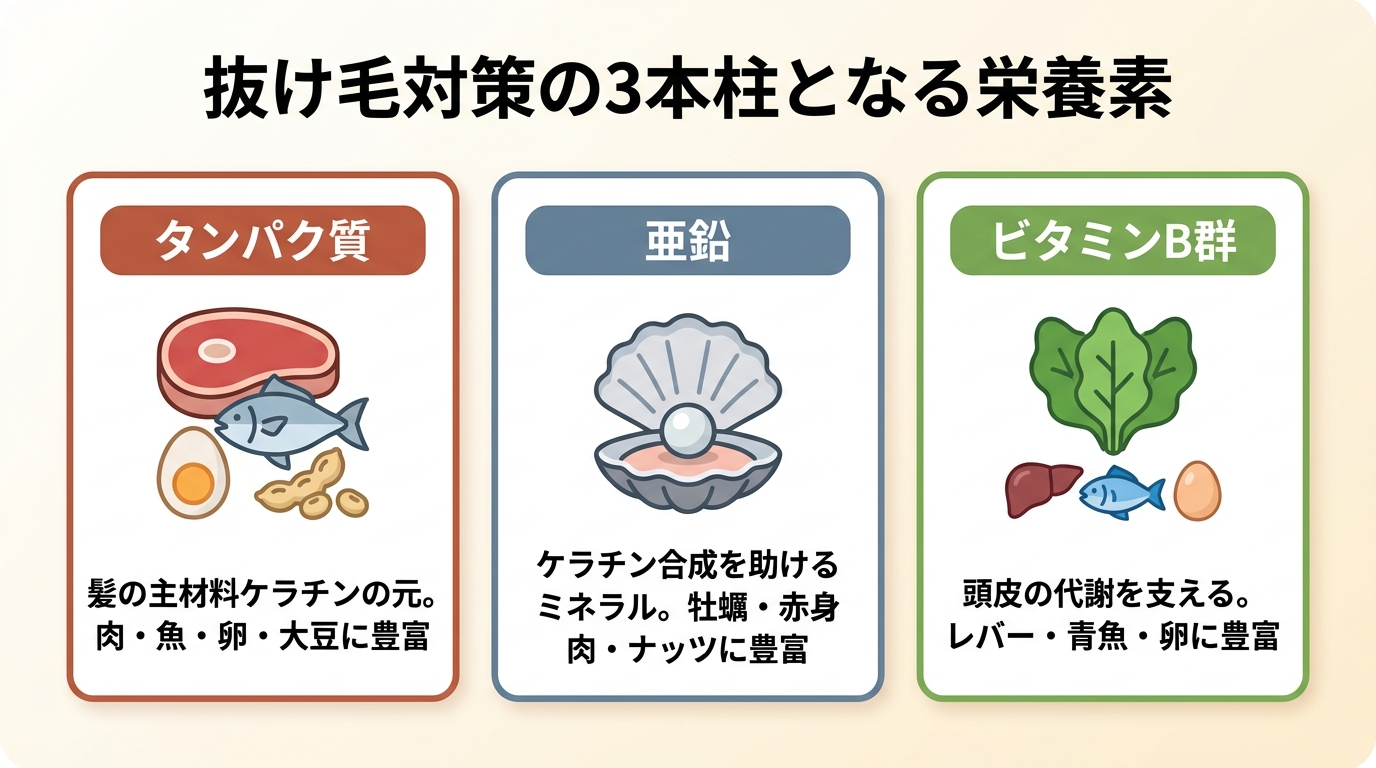 タイトル: 抜け毛対策の3本柱となる栄養素。横並び3カードで: カード1(肉のアイコン)ヘッダー: タンパク質、説明: 髪の主材料ケラチンの元。肉・魚・卵・大豆に豊富。カード2(貝のアイコン)ヘッダー: 亜鉛、説明: ケラチン合成を助けるミネラル。牡蠣・赤身肉・ナッツに豊富。カード3(葉のアイコン)ヘッダー: ビタミンB群、説明: 頭皮の代謝を支える。レバー・青魚・卵に豊富