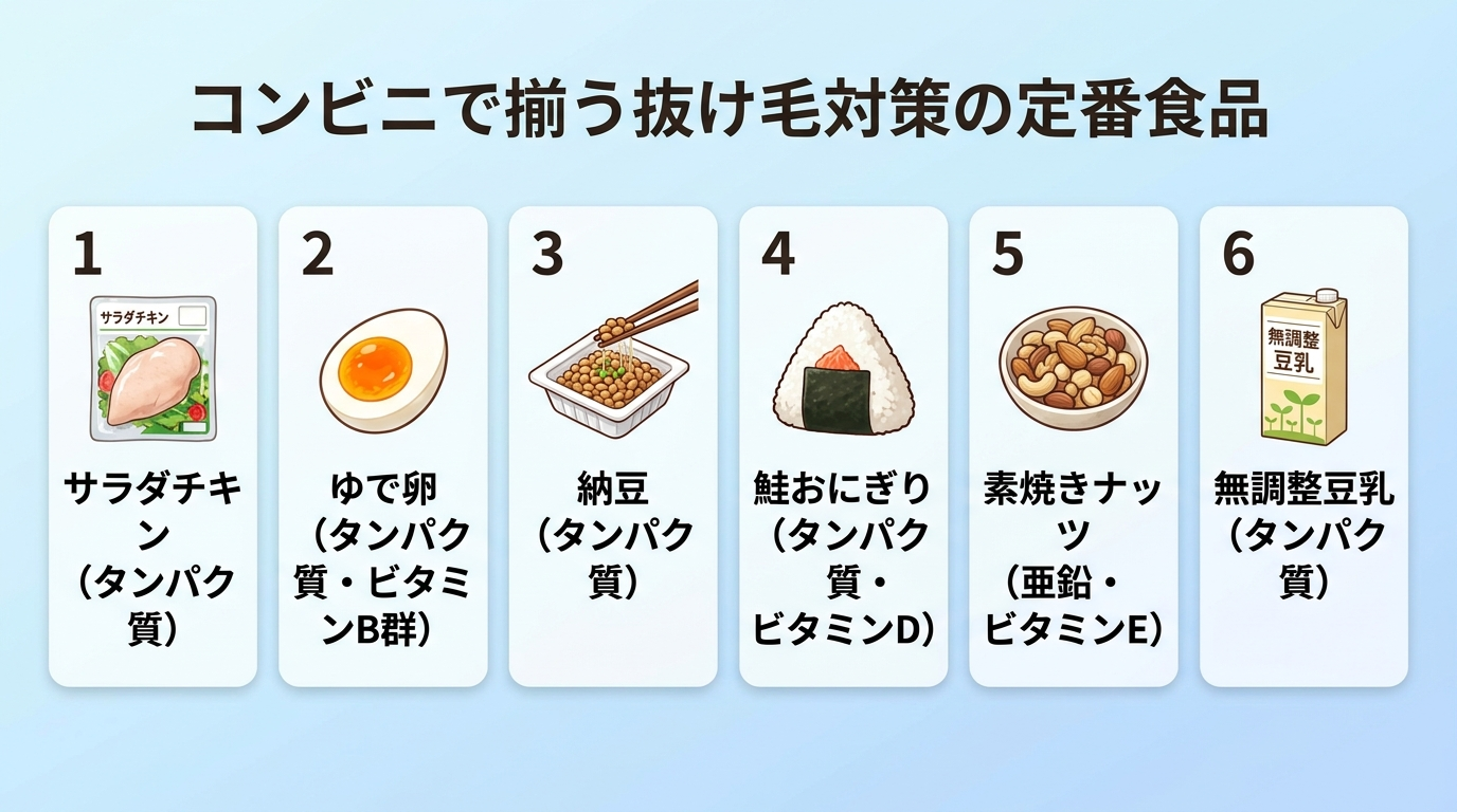 タイトル: コンビニで揃う抜け毛対策の定番食品。横並びカードで: カード1: サラダチキン(タンパク質)。カード2: ゆで卵(タンパク質・ビタミンB群)。カード3: 納豆(タンパク質)。カード4: 鮭おにぎり(タンパク質・ビタミンD)。カード5: 素焼きナッツ(亜鉛・ビタミンE)。カード6: 無調整豆乳(タンパク質)