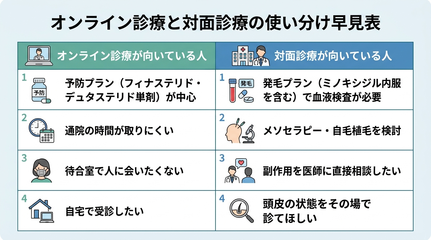 タイトル: オンライン診療と対面診療の使い分け早見表。2列の比較表。左列『オンライン診療が向いている人』: 予防プラン(フィナステリド・デュタステリド単剤)が中心、通院の時間が取りにくい、待合室で人に会いたくない、自宅で受診したい。右列『対面診療が向いている人』: 発毛プラン(ミノキシジル内服を含む)で血液検査が必要、メソセラピー・自毛植毛を検討、副作用を医師に直接相談したい、頭皮の状態をその場で診てほしい