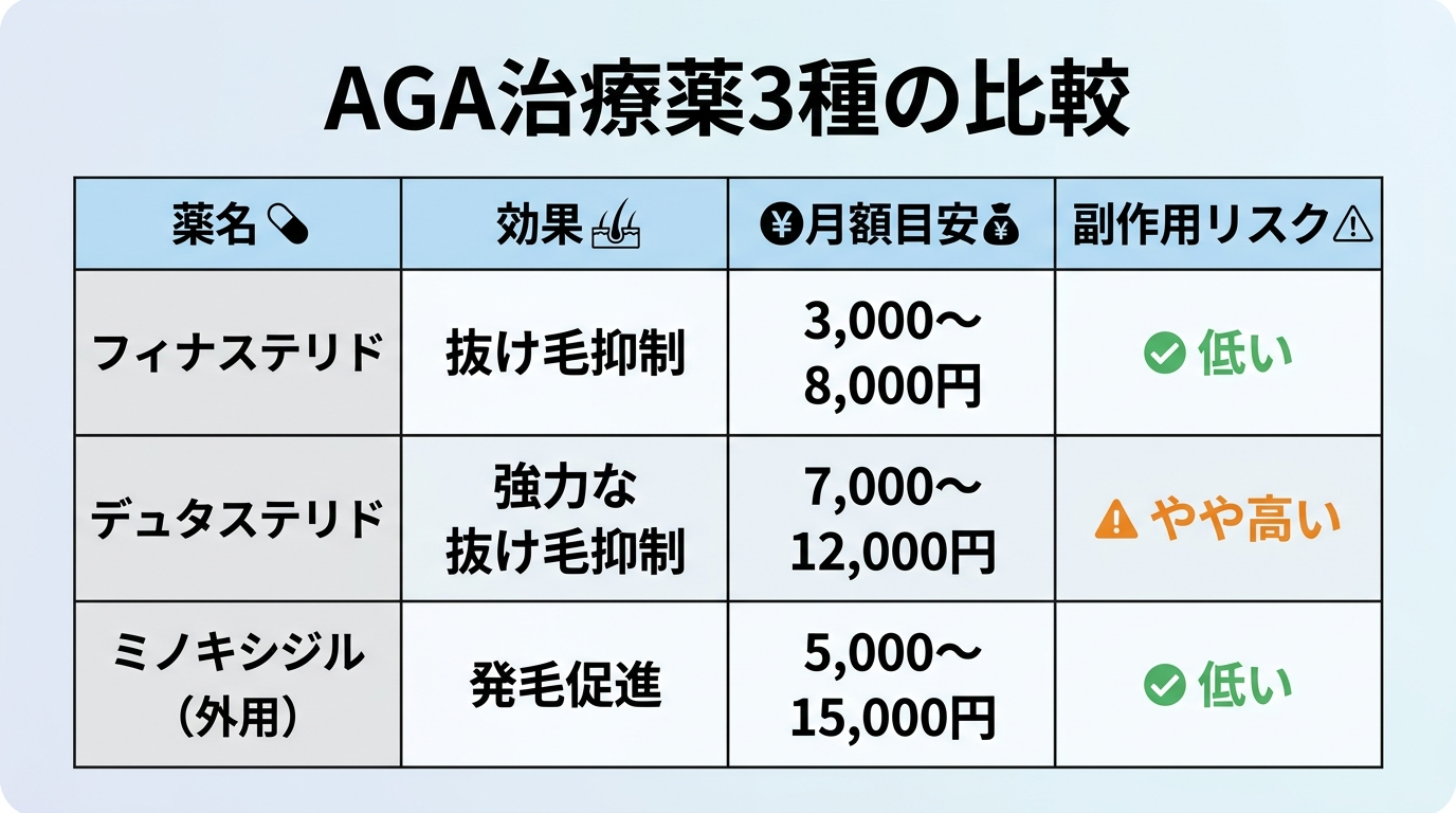 タイトル: AGA治療薬3種の比較。4列の表。ヘッダー行: 薬名 | 効果 | 月額目安 | 副作用リスク。行1: フィナステリド | 抜け毛抑制 | 3,000〜8,000円 | 低い。行2: デュタステリド | 強力な抜け毛抑制 | 7,000〜12,000円 | やや高い。行3: ミノキシジル（外用） | 発毛促進 | 5,000〜15,000円 | 低い