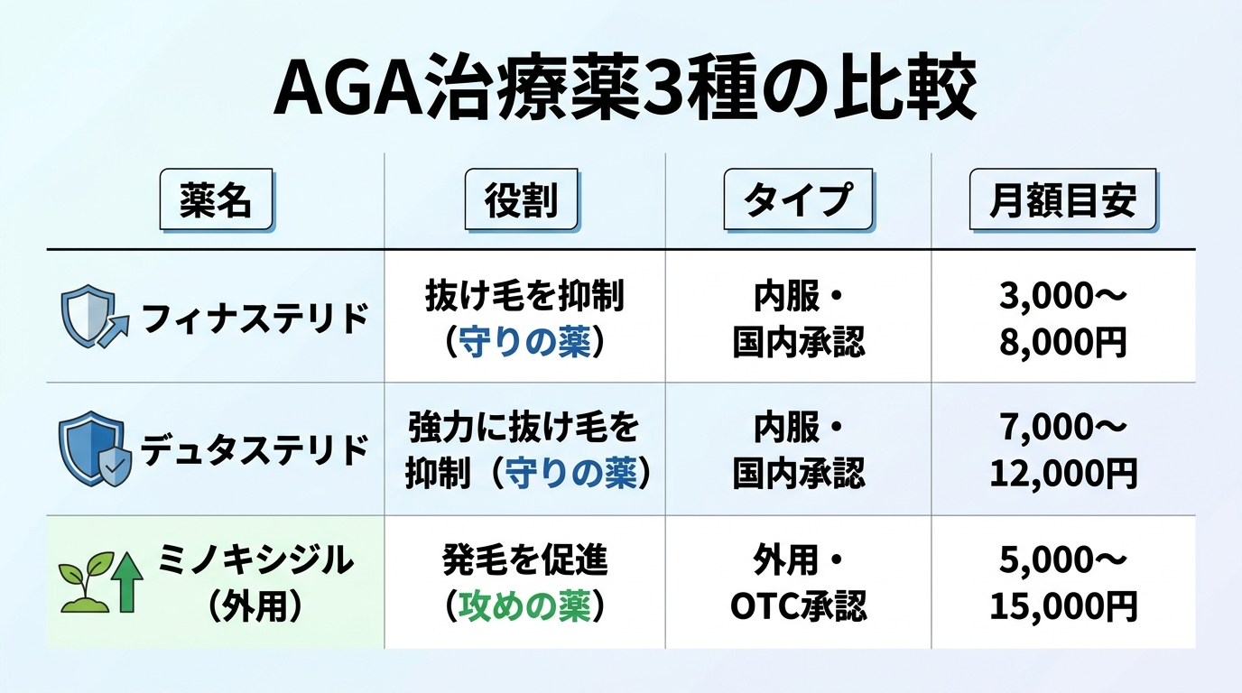 タイトル: AGA治療薬3種の比較。4列の表: ヘッダー行: 薬名 | 役割 | タイプ | 月額目安。行1: フィナステリド | 抜け毛を抑制(守りの薬) | 内服・国内承認 | 3,000〜8,000円。行2: デュタステリド | 強力に抜け毛を抑制(守りの薬) | 内服・国内承認 | 7,000〜12,000円。行3: ミノキシジル(外用) | 発毛を促進(攻めの薬) | 外用・OTC承認 | 5,000〜15,000円