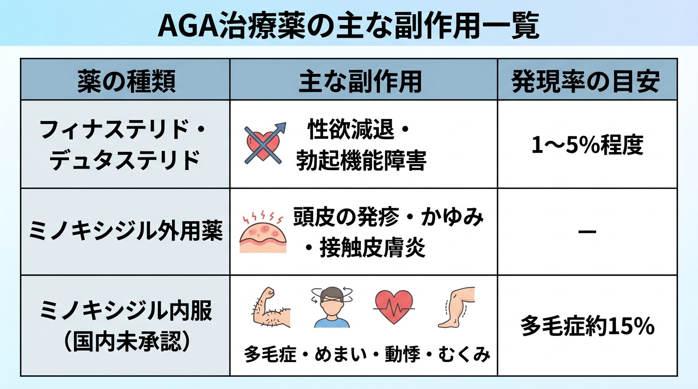 タイトル: AGA治療薬の主な副作用一覧。3列の表: ヘッダー行: 薬の種類 | 主な副作用 | 発現率の目安。行1: フィナステリド・デュタステリド | 性欲減退・勃起機能障害 | 1〜5%程度。行2: ミノキシジル外用薬 | 頭皮の発疹・かゆみ・接触皮膚炎 | -。行3: ミノキシジル内服(国内未承認) | 多毛症・めまい・動悸・むくみ | 多毛症約15%