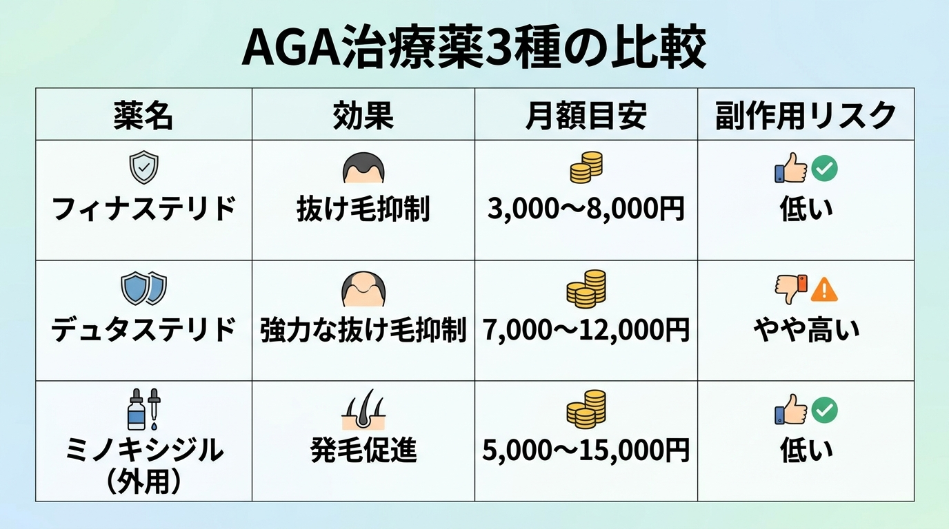 タイトル: AGA治療薬3種の比較。4列の表: ヘッダー行: 薬名 | 効果 | 月額目安 | 副作用リスク。行1: フィナステリド | 抜け毛抑制 | 3,000〜8,000円 | 低い。行2: デュタステリド | 強力な抜け毛抑制 | 7,000〜12,000円 | やや高い。行3: ミノキシジル(外用) | 発毛促進 | 5,000〜15,000円 | 低い