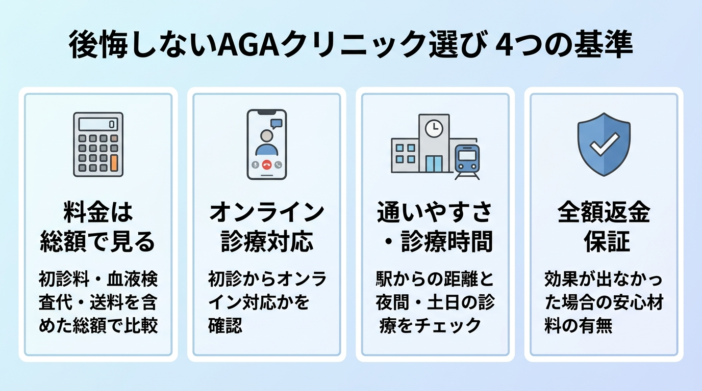 タイトル: 後悔しないAGAクリニック選び 4つの基準。横並び4カードで: カード1(電卓のアイコン)ヘッダー: 料金は総額で見る、説明: 初診料・血液検査代・送料を含めた総額で比較。カード2(スマホのアイコン)ヘッダー: オンライン診療対応、説明: 初診からオンライン対応かを確認。カード3(駅のアイコン)ヘッダー: 通いやすさ・診療時間、説明: 駅からの距離と夜間・土日の診療をチェック。カード4(盾のアイコン)ヘッダー: 全額返金保証、説明: 効果が出なかった場合の安心材料の有無