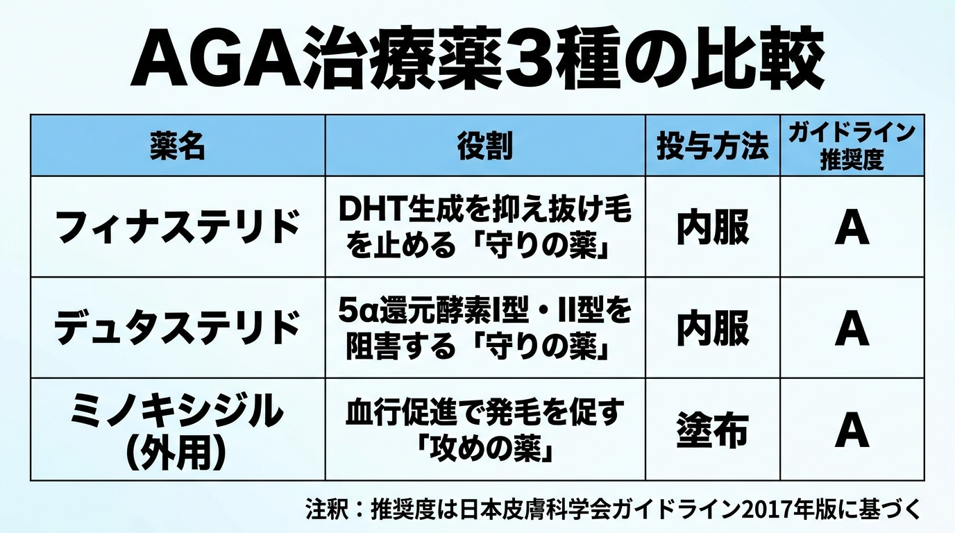 タイトル: AGA治療薬3種の比較。4列の表。ヘッダー行: 薬名 | 役割 | 投与方法 | ガイドライン推奨度。行1: フィナステリド | DHT生成を抑え抜け毛を止める「守りの薬」 | 内服 | A。行2: デュタステリド | 5α還元酵素I型・II型を阻害する「守りの薬」 | 内服 | A。行3: ミノキシジル(外用) | 血行促進で発毛を促す「攻めの薬」 | 塗布 | A。注釈: 推奨度は日本皮膚科学会ガイドライン2017年版に基づく。