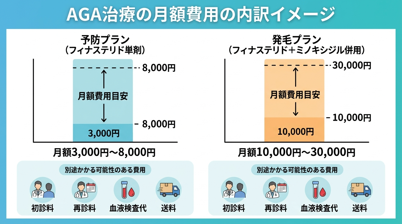 タイトル: AGA治療の月額費用の内訳イメージ。2つの棒グラフを横並びで比較: 左(予防プラン)フィナステリド単剤で月3,000〜8,000円。右(発毛プラン)フィナステリド+ミノキシジル併用で月10,000〜30,000円。各棒の下に注記: 別途かかる可能性のある費用として初診料・再診料・血液検査代・送料を記載