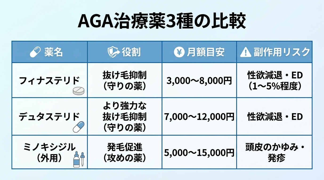 タイトル: AGA治療薬3種の比較。4列の表: ヘッダー行: 薬名 | 役割 | 月額目安 | 副作用リスク。行1: フィナステリド | 抜け毛抑制(守りの薬) | 3,000〜8,000円 | 性欲減退・ED(1〜5%程度)。行2: デュタステリド | より強力な抜け毛抑制(守りの薬) | 7,000〜12,000円 | 性欲減退・ED。行3: ミノキシジル(外用) | 発毛促進(攻めの薬) | 5,000〜15,000円 | 頭皮のかゆみ・発疹