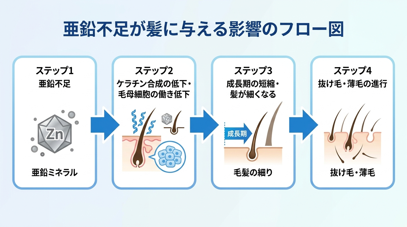 タイトル: 亜鉛不足が髪に与える影響のフロー図。左から右へ矢印でつなぐ4段階のフロー: ステップ1『亜鉛不足』→ ステップ2『ケラチン合成の低下・毛母細胞の働き低下』→ ステップ3『成長期の短縮・髪が細くなる』→ ステップ4『抜け毛・薄毛の進行』。各ステップは角丸の枠で囲み、亜鉛のミネラルアイコンと毛髪のアイコンを添える。