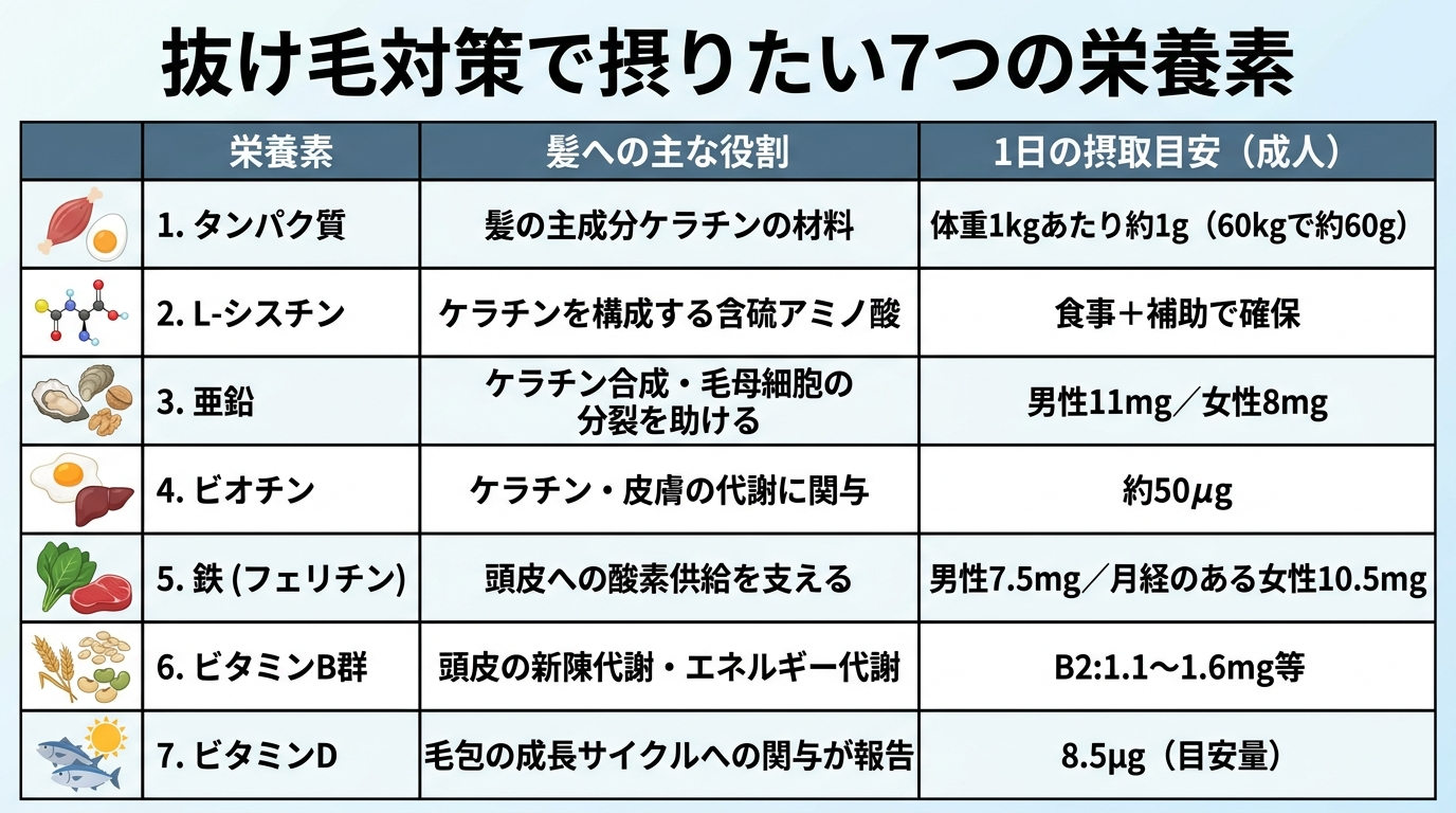 タイトル: 抜け毛対策で摂りたい7つの栄養素。3列の表: ヘッダー行: 栄養素 | 髪への主な役割 | 1日の摂取目安(成人)。行1: タンパク質 | 髪の主成分ケラチンの材料 | 体重1kgあたり約1g(60kgで約60g)。行2: L-シスチン | ケラチンを構成する含硫アミノ酸 | 食事+補助で確保。行3: 亜鉛 | ケラチン合成・毛母細胞の分裂を助ける | 男性11mg/女性8mg。行4: ビオチン | ケラチン・皮膚の代謝に関与 | 約50μg。行5: 鉄(フェリチン) | 頭皮への酸素供給を支える | 男性7.5mg/月経のある女性10.5mg。行6: ビタミンB群 | 頭皮の新陳代謝・エネルギー代謝 | B2:1.1〜1.6mg等。行7: ビタミンD | 毛包の成長サイクルへの関与が報告 | 8.5μg(目安量)