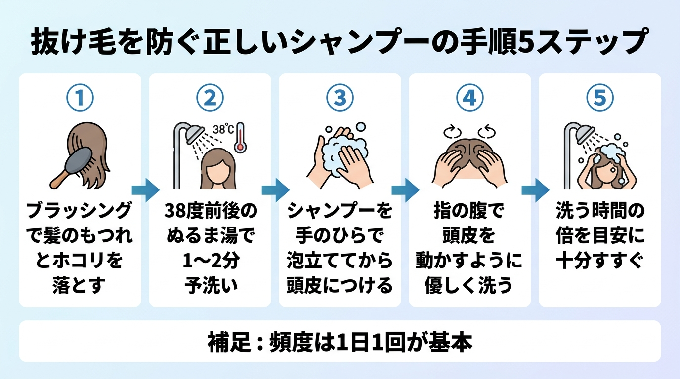 タイトル: 抜け毛を防ぐ正しいシャンプーの手順5ステップ。縦フロー図: ①ブラッシングで髪のもつれとホコリを落とす → ②38度前後のぬるま湯で1〜2分予洗い → ③シャンプーを手のひらで泡立ててから頭皮につける → ④指の腹で頭皮を動かすように優しく洗う → ⑤洗う時間の倍を目安に十分すすぐ。補足: 頻度は1日1回が基本