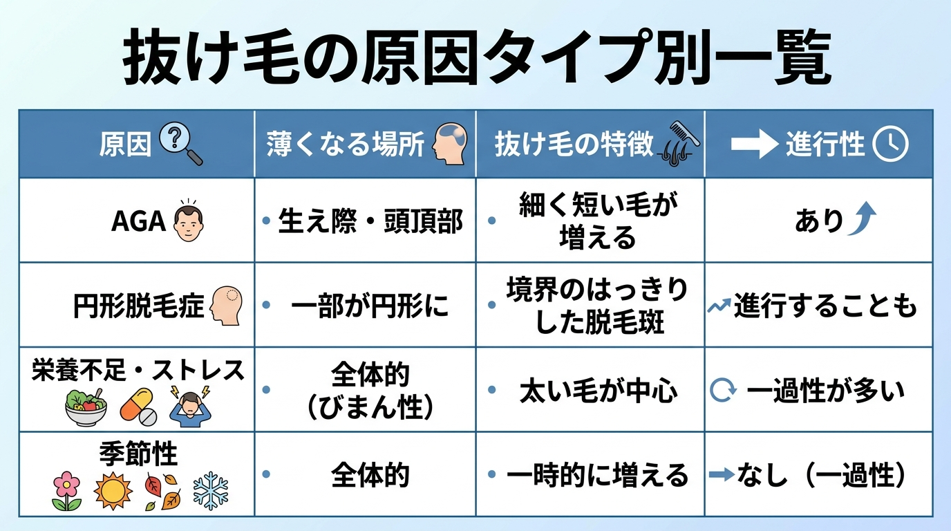 タイトル: 抜け毛の原因タイプ別一覧。4列の表: ヘッダー行: 原因 | 薄くなる場所 | 抜け毛の特徴 | 進行性。行1: AGA | 生え際・頭頂部 | 細く短い毛が増える | あり。行2: 円形脱毛症 | 一部が円形に | 境界のはっきりした脱毛斑 | 進行することも。行3: 栄養不足・ストレス | 全体的(びまん性) | 太い毛が中心 | 一過性が多い。行4: 季節性 | 全体的 | 一時的に増える | なし(一過性)