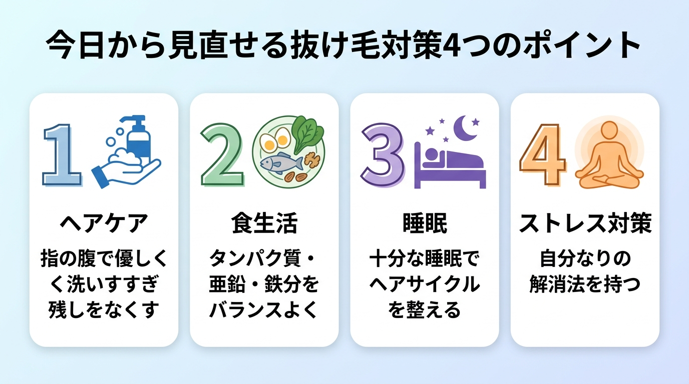 タイトル: 今日から見直せる抜け毛対策4つのポイント。横並び4カードで: カード1(シャンプーのアイコン)ヘッダー: ヘアケア、説明: 指の腹で優しく洗いすすぎ残しをなくす。カード2(食事のアイコン)ヘッダー: 食生活、説明: タンパク質・亜鉛・鉄分をバランスよく。カード3(睡眠のアイコン)ヘッダー: 睡眠、説明: 十分な睡眠でヘアサイクルを整える。カード4(リラックスのアイコン)ヘッダー: ストレス対策、説明: 自分なりの解消法を持つ