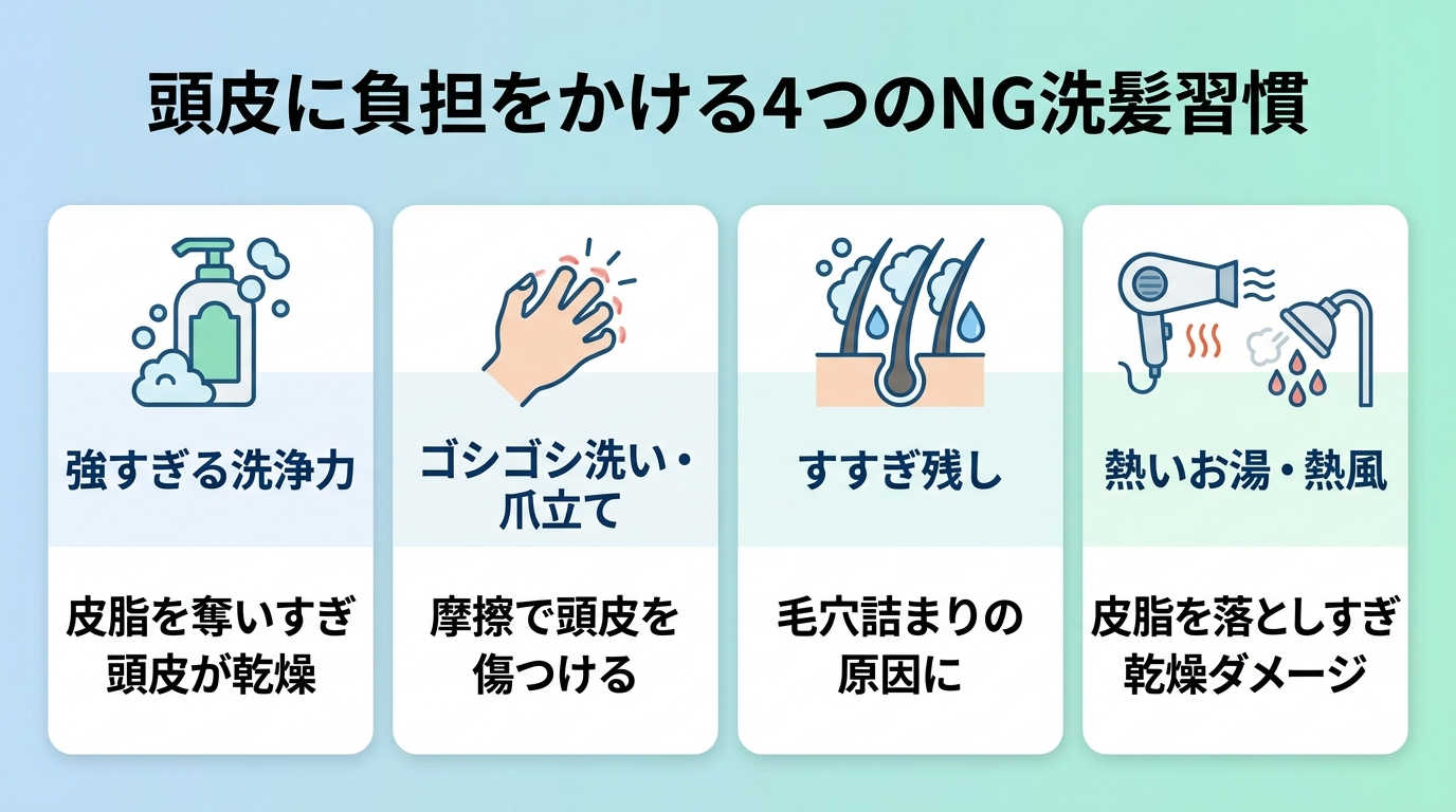 タイトル: 頭皮に負担をかける4つのNG洗髪習慣。横並び4カードで: カード1(シャンプーボトルのアイコン)ヘッダー: 強すぎる洗浄力、説明: 皮脂を奪いすぎ頭皮が乾燥。カード2(手のアイコン)ヘッダー: ゴシゴシ洗い・爪立て、説明: 摩擦で頭皮を傷つける。カード3(水滴のアイコン)ヘッダー: すすぎ残し、説明: 毛穴詰まりの原因に。カード4(ドライヤーのアイコン)ヘッダー: 熱いお湯・熱風、説明: 皮脂を落としすぎ乾燥ダメージ
