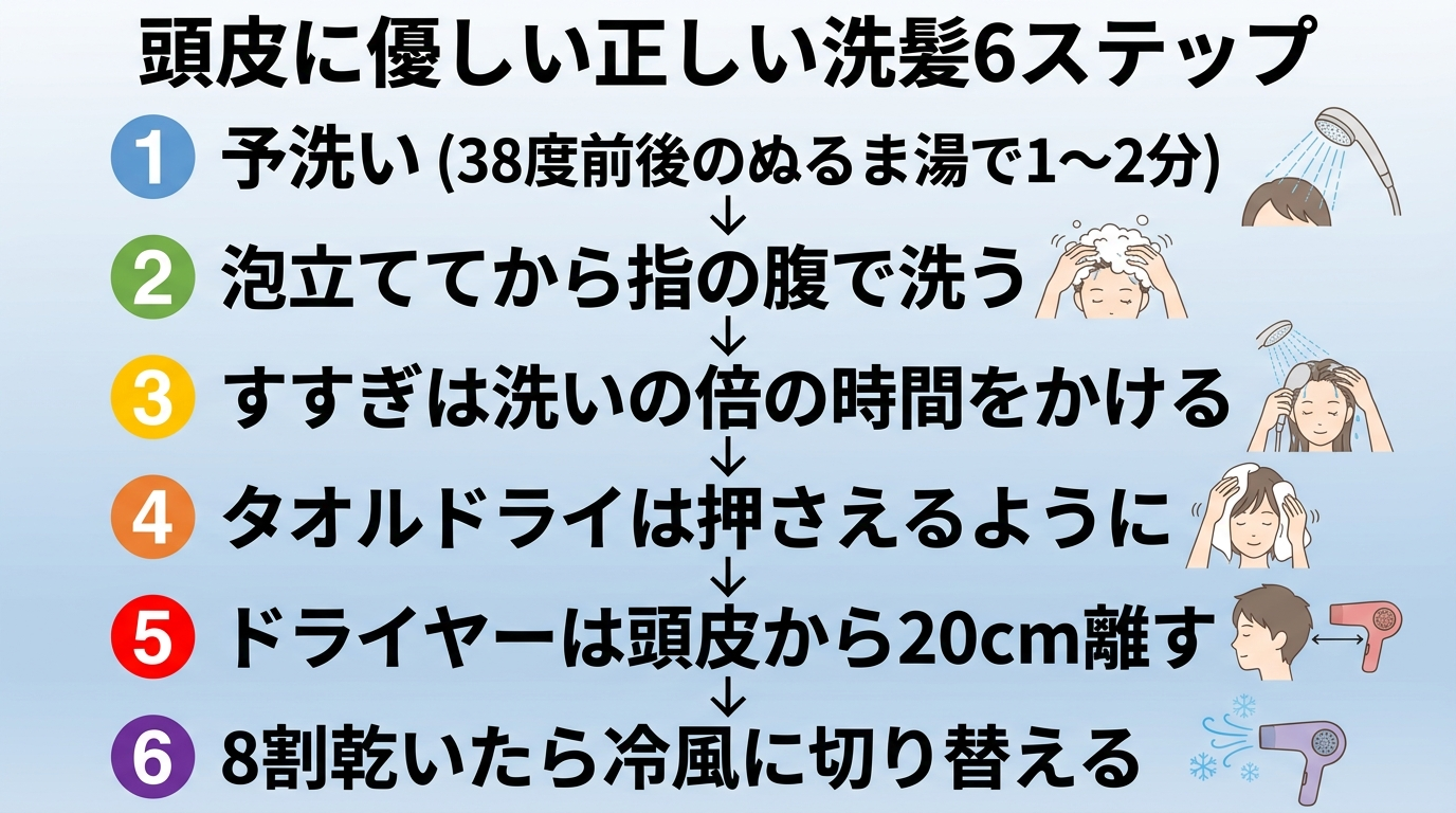 タイトル: 頭皮に優しい正しい洗髪6ステップ。縦並びフローで: ステップ1: 予洗い(38度前後のぬるま湯で1〜2分)。ステップ2: 泡立ててから指の腹で洗う。ステップ3: すすぎは洗いの倍の時間をかける。ステップ4: タオルドライは押さえるように。ステップ5: ドライヤーは頭皮から20cm離す。ステップ6: 8割乾いたら冷風に切り替える。各ステップを番号付きの矢印でつなぐ