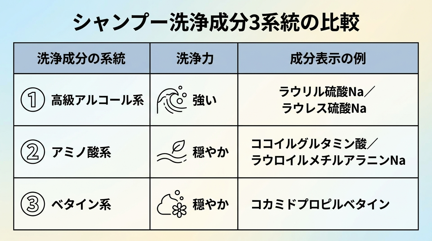 タイトル: シャンプー洗浄成分3系統の比較。3列の表: ヘッダー行: 洗浄成分の系統 | 洗浄力 | 成分表示の例。行1: 高級アルコール系 | 強い | ラウリル硫酸Na/ラウレス硫酸Na。行2: アミノ酸系 | 穏やか | ココイルグルタミン酸/ラウロイルメチルアラニンNa。行3: ベタイン系 | 穏やか | コカミドプロピルベタイン