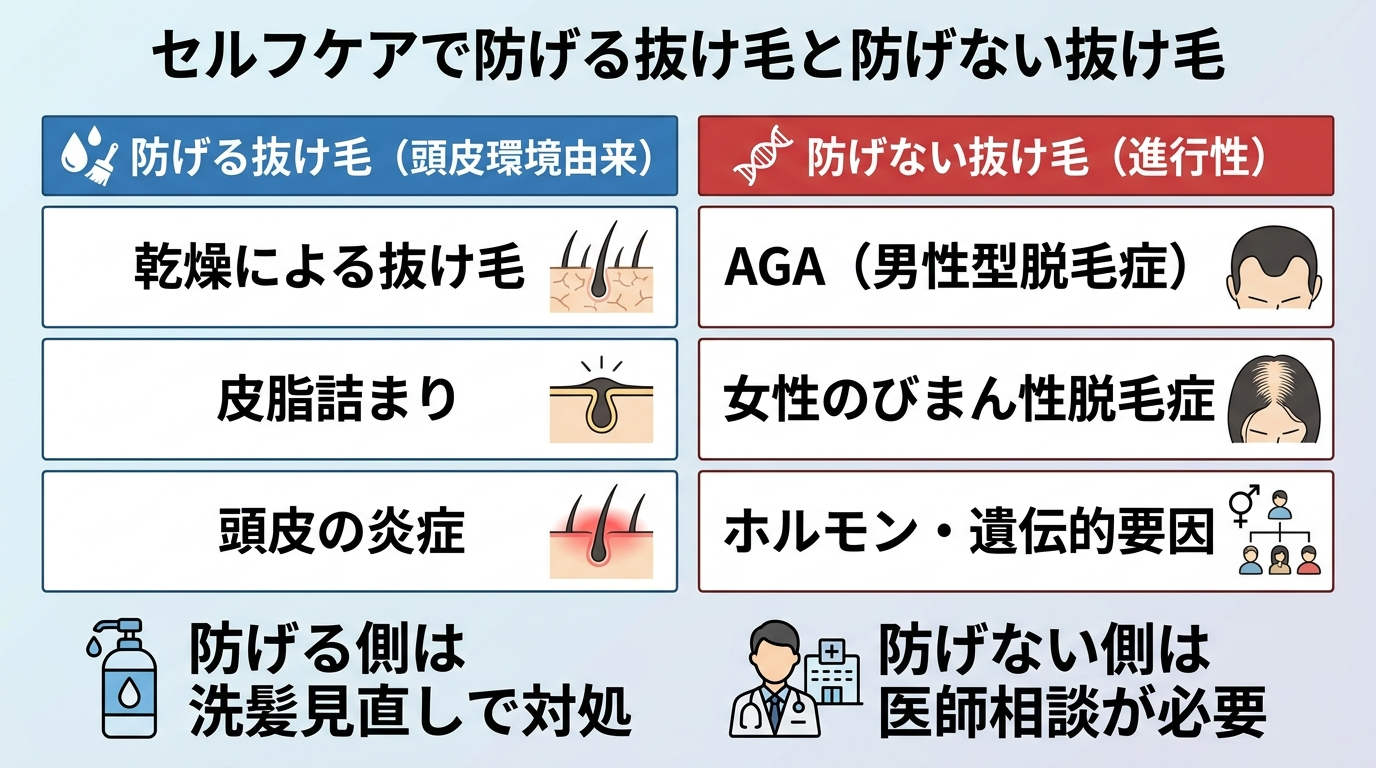 タイトル: セルフケアで防げる抜け毛と防げない抜け毛。2列の対比表: ヘッダー行: 防げる抜け毛(頭皮環境由来) | 防げない抜け毛(進行性)。行1: 乾燥による抜け毛 | AGA(男性型脱毛症)。行2: 皮脂詰まり | 女性のびまん性脱毛症。行3: 頭皮の炎症 | ホルモン・遺伝的要因。防げる側は洗髪見直しで対処、防げない側は医師相談が必要と注記