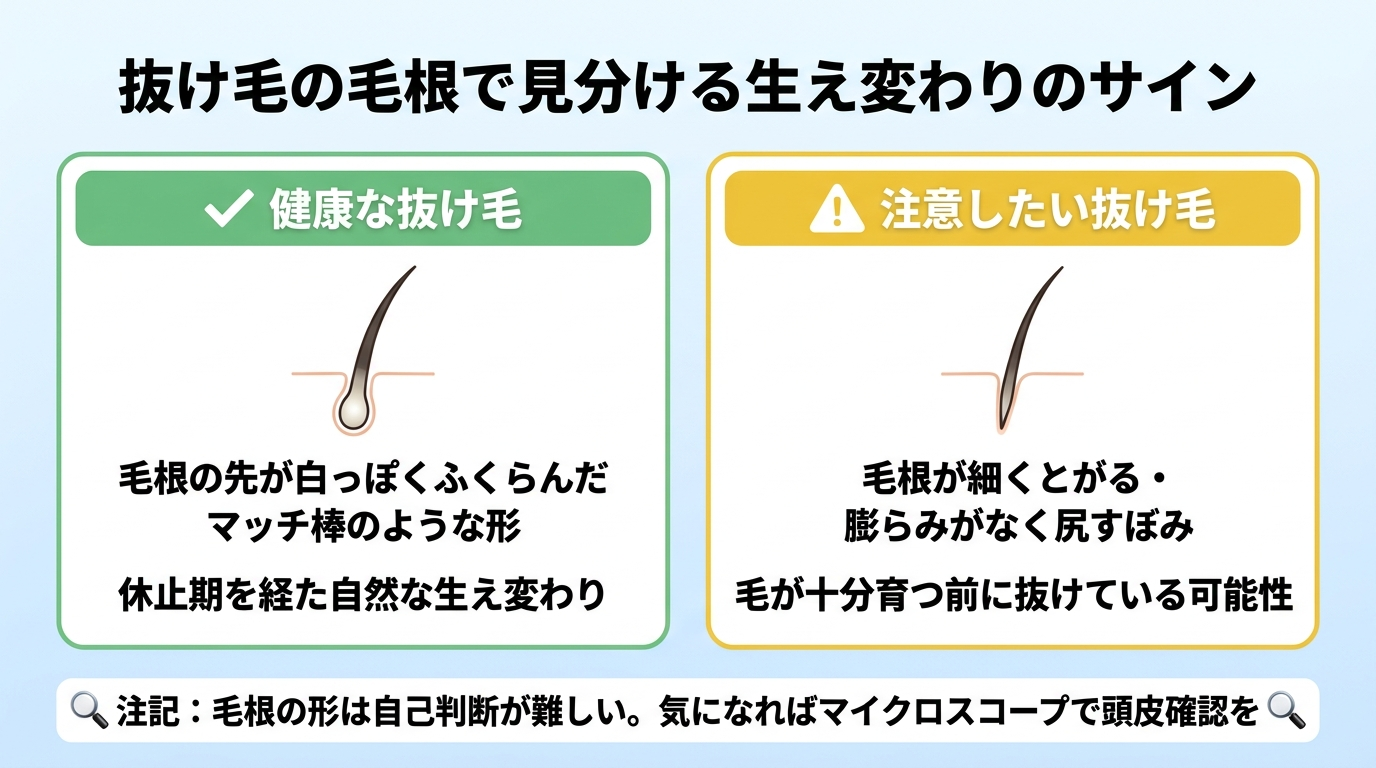 タイトル: 抜け毛の毛根で見分ける生え変わりのサイン。横並び2カードで比較: カード1(緑・チェックマーク)ヘッダー: 健康な抜け毛、説明: 毛根の先が白っぽくふくらんだマッチ棒のような形。休止期を経た自然な生え変わり。カード2(黄・注意マーク)ヘッダー: 注意したい抜け毛、説明: 毛根が細くとがる・膨らみがなく尻すぼみ。毛が十分育つ前に抜けている可能性。下部注記『毛根の形は自己判断が難しい。気になればマイクロスコープで頭皮確認を』