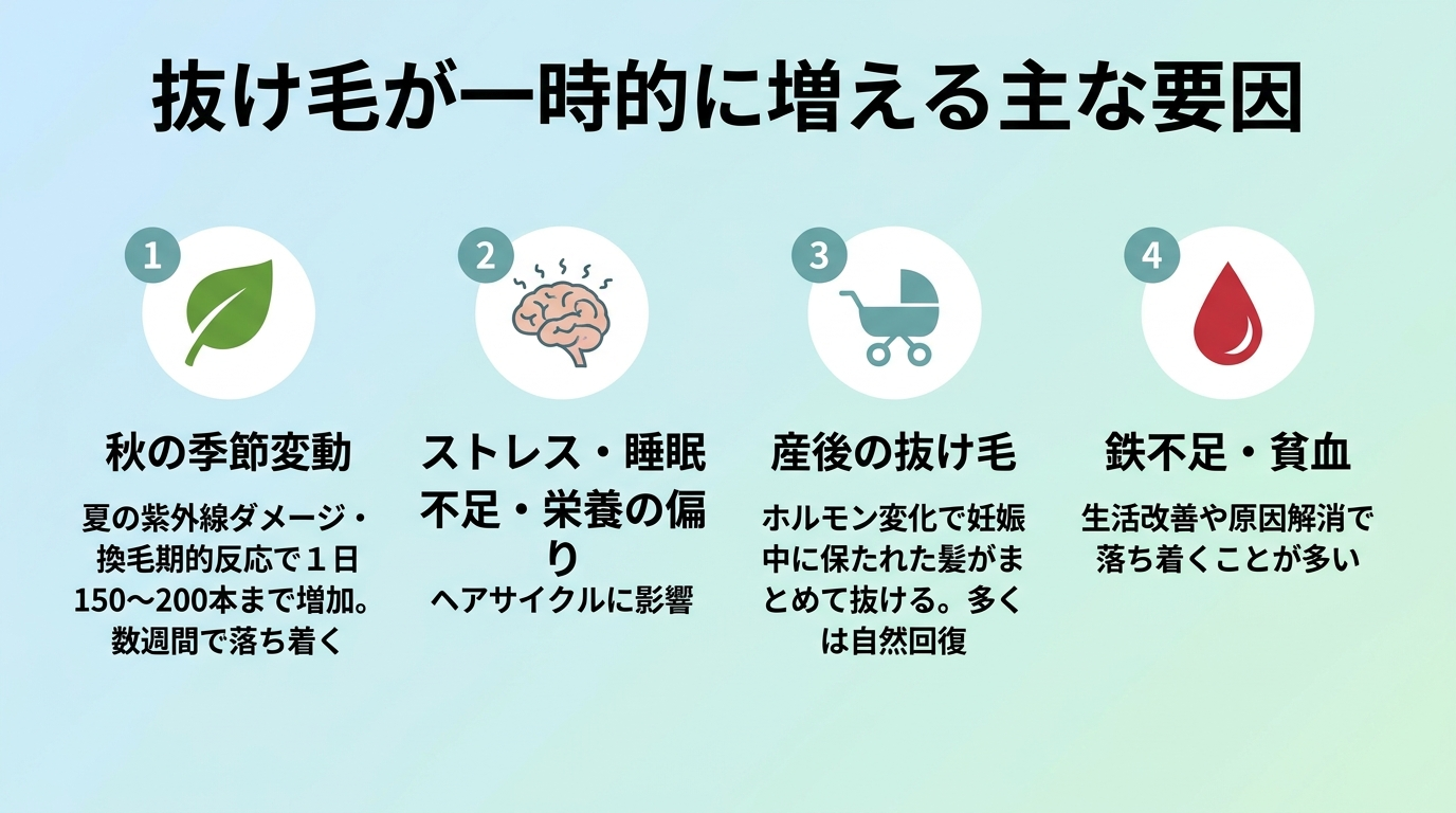 タイトル: 抜け毛が一時的に増える主な要因。4項目のリスト型インフォグラフィック: 項目1(葉のアイコン)秋の季節変動: 夏の紫外線ダメージ・換毛期的反応で1日150〜200本まで増加。数週間で落ち着く。項目2(脳のアイコン)ストレス・睡眠不足・栄養の偏り: ヘアサイクルに影響。項目3(ベビーカーのアイコン)産後の抜け毛: ホルモン変化で妊娠中に保たれた髪がまとめて抜ける。多くは自然回復。項目4(血液のアイコン)鉄不足・貧血: 生活改善や原因解消で落ち着くことが多い