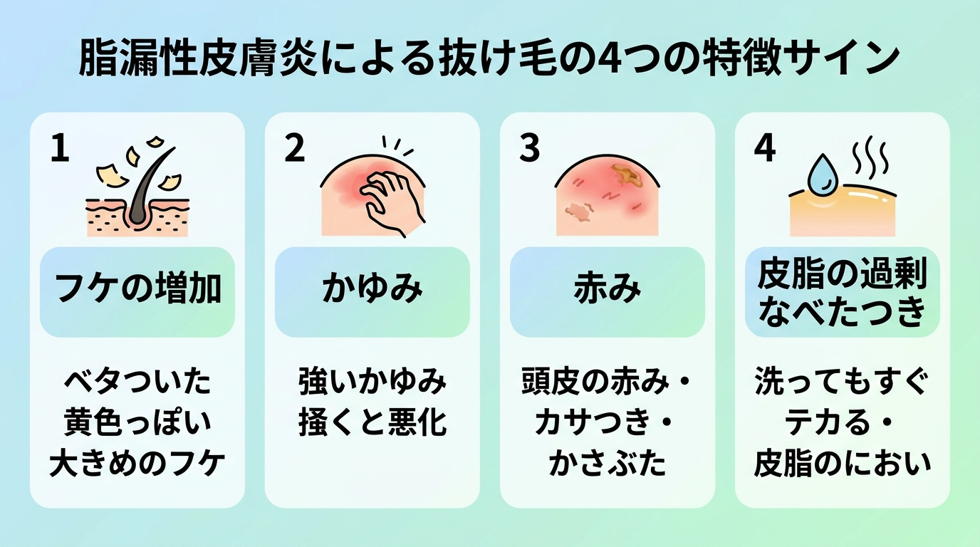 タイトル: 脂漏性皮膚炎による抜け毛の4つの特徴サイン。横並び4カードで: カード1（フケのアイコン）ヘッダー: フケの増加、説明: ベタついた黄色っぽい大きめのフケ。カード2（かゆみのアイコン）ヘッダー: かゆみ、説明: 強いかゆみ、掻くと悪化。カード3（赤みのアイコン）ヘッダー: 赤み、説明: 頭皮の赤み・カサつき・かさぶた。カード4（皮脂のアイコン）ヘッダー: 皮脂の過剰なべたつき、説明: 洗ってもすぐテカる・皮脂のにおい