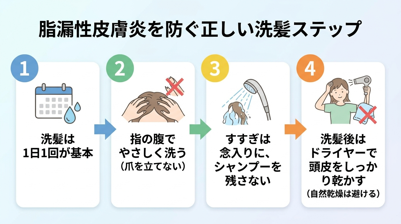 タイトル: 脂漏性皮膚炎を防ぐ正しい洗髪ステップ。縦フロー図で4ステップ: ステップ1: 洗髪は1日1回が基本。ステップ2: 指の腹でやさしく洗う（爪を立てない）。ステップ3: すすぎは念入りに、シャンプーを残さない。ステップ4: 洗髪後はドライヤーで頭皮をしっかり乾かす（自然乾燥は避ける）