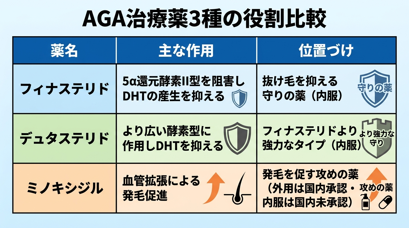 タイトル: AGA治療薬3種の役割比較。3列の表。ヘッダー行: 薬名 | 主な作用 | 位置づけ。行1: フィナステリド | 5α還元酵素II型を阻害しDHTの産生を抑える | 抜け毛を抑える守りの薬（内服）。行2: デュタステリド | より広い酵素型に作用しDHTを抑える | フィナステリドより強力なタイプ（内服）。行3: ミノキシジル | 血管拡張による発毛促進 | 発毛を促す攻めの薬（外用は国内承認・内服は国内未承認）。