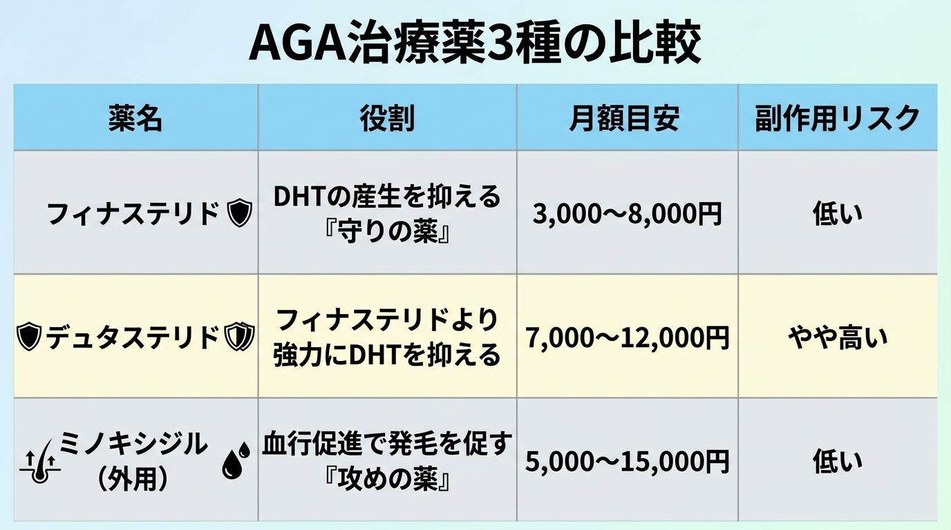 タイトル: AGA治療薬3種の比較。4列の表: ヘッダー行: 薬名 | 役割 | 月額目安 | 副作用リスク。行1: フィナステリド | DHTの産生を抑える『守りの薬』 | 3,000〜8,000円 | 低い。行2: デュタステリド | フィナステリドより強力にDHTを抑える | 7,000〜12,000円 | やや高い。行3: ミノキシジル（外用） | 血行促進で発毛を促す『攻めの薬』 | 5,000〜15,000円 | 低い