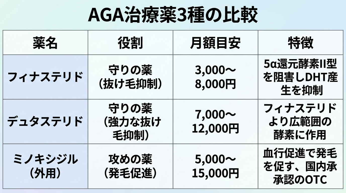 タイトル: AGA治療薬3種の比較。4列の表: ヘッダー行: 薬名 | 役割 | 月額目安 | 特徴。行1: フィナステリド | 守りの薬（抜け毛抑制） | 3,000〜8,000円 | 5α還元酵素II型を阻害しDHT産生を抑制。行2: デュタステリド | 守りの薬（強力な抜け毛抑制） | 7,000〜12,000円 | フィナステリドより広範囲の酵素に作用。行3: ミノキシジル（外用） | 攻めの薬（発毛促進） | 5,000〜15,000円 | 血行促進で発毛を促す、国内承認のOTC