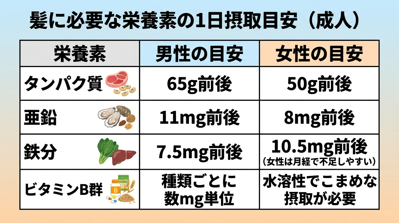 タイトル: 髪に必要な栄養素の1日摂取目安（成人）。3列の表: ヘッダー行: 栄養素 | 男性の目安 | 女性の目安。行1: タンパク質 | 65g前後 | 50g前後。行2: 亜鉛 | 11mg前後 | 8mg前後。行3: 鉄分 | 7.5mg前後 | 10.5mg前後（女性は月経で不足しやすい）。行4: ビタミンB群 | 種類ごとに数mg単位 | 水溶性でこまめな摂取が必要