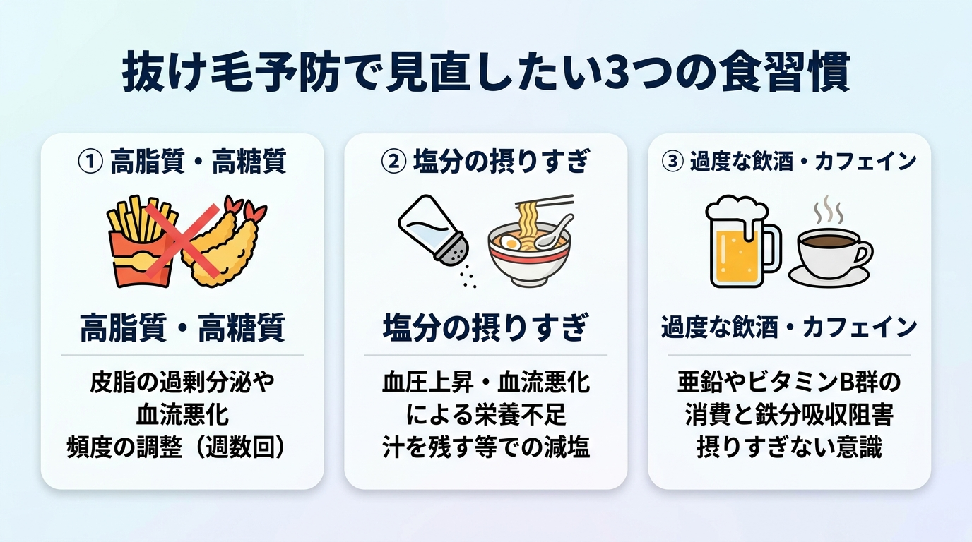 タイトル: 抜け毛予防で見直したい3つの食習慣。横並び3カードで: カード1（揚げ物のアイコン）ヘッダー: 高脂質・高糖質、説明: 皮脂の過剰分泌や血流悪化を招く。頻度を週数回に調整。カード2（塩のアイコン）ヘッダー: 塩分の摂りすぎ、説明: 血圧上昇・血流悪化で頭皮に栄養が届きにくい。汁を残す等で減塩。カード3（お酒とコーヒーのアイコン）ヘッダー: 過度な飲酒・カフェイン、説明: 亜鉛やビタミンB群を消費し鉄分吸収を妨げる。摂りすぎない意識を