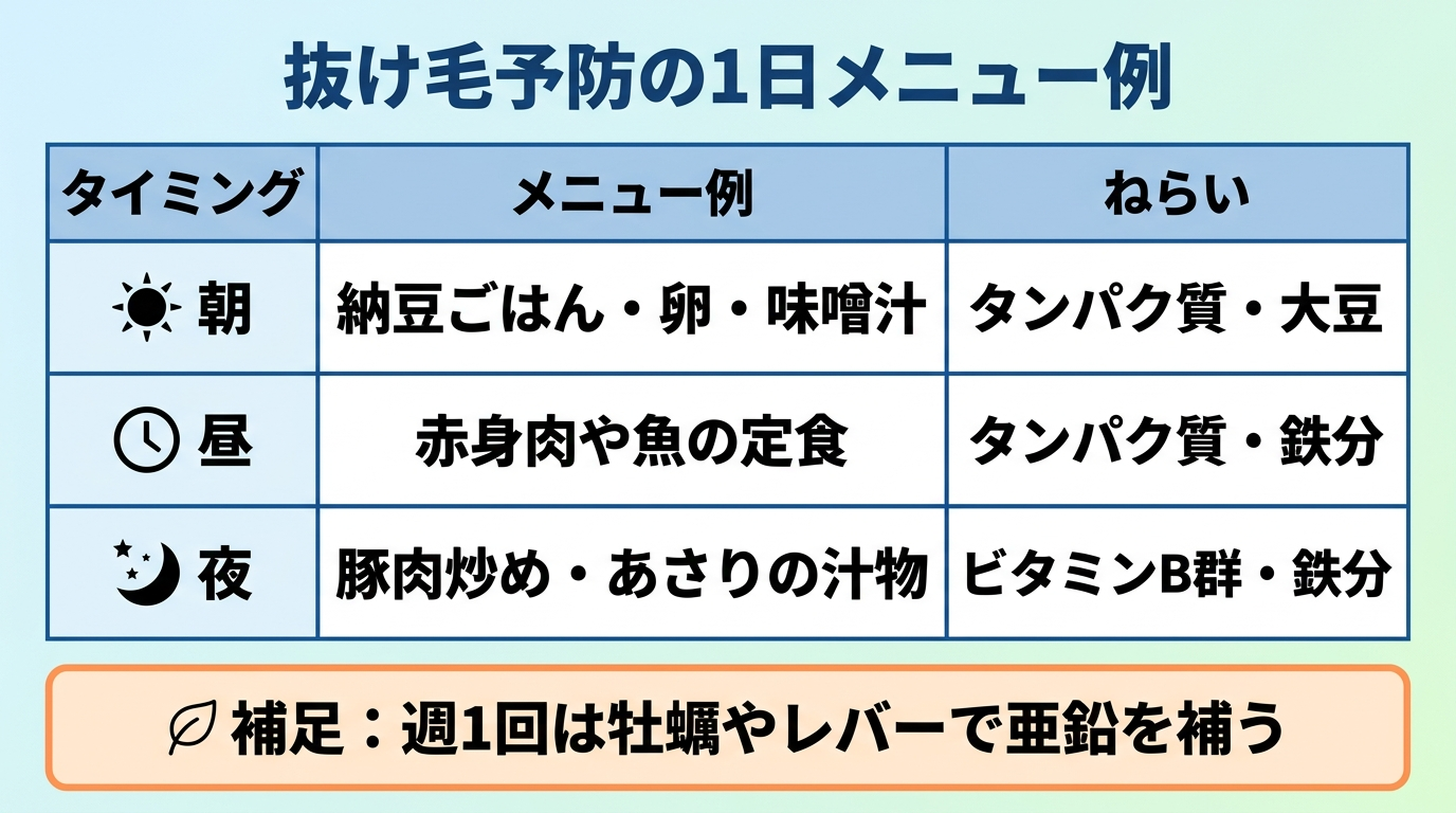 タイトル: 抜け毛予防の1日メニュー例。3列の表: ヘッダー行: タイミング | メニュー例 | ねらい。行1: 朝 | 納豆ごはん・卵・味噌汁 | タンパク質・大豆。行2: 昼 | 赤身肉や魚の定食 | タンパク質・鉄分。行3: 夜 | 豚肉炒め・あさりの汁物 | ビタミンB群・鉄分。補足: 週1回は牡蠣やレバーで亜鉛を補う