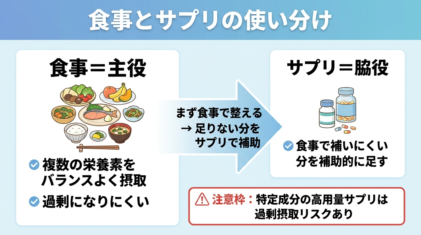 タイトル: 食事とサプリの使い分け。左に大きく「食事＝主役」（複数の栄養素をバランスよく・過剰になりにくい）、右に小さく「サプリ＝脇役」（食事で補いにくい分を補助的に足す）。中央に矢印で優先順位: まず食事で整える → 足りない分をサプリで補助。注意枠: 特定成分の高用量サプリは過剰摂取リスクあり
