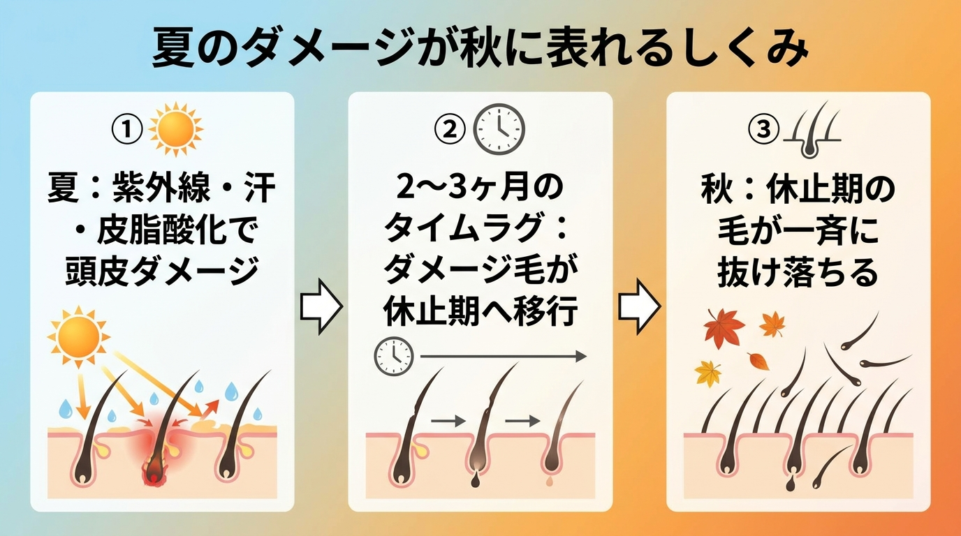 タイトル: 夏のダメージが秋に表れるしくみ。左から右へ流れる3ステップのフロー図。ステップ1(太陽アイコン)『夏:紫外線・汗・皮脂酸化で頭皮ダメージ』→ステップ2(時計アイコン)『2〜3ヶ月のタイムラグ:ダメージ毛が休止期へ移行』→ステップ3(落ちる毛のアイコン)『秋:休止期の毛が一斉に抜け落ちる』
