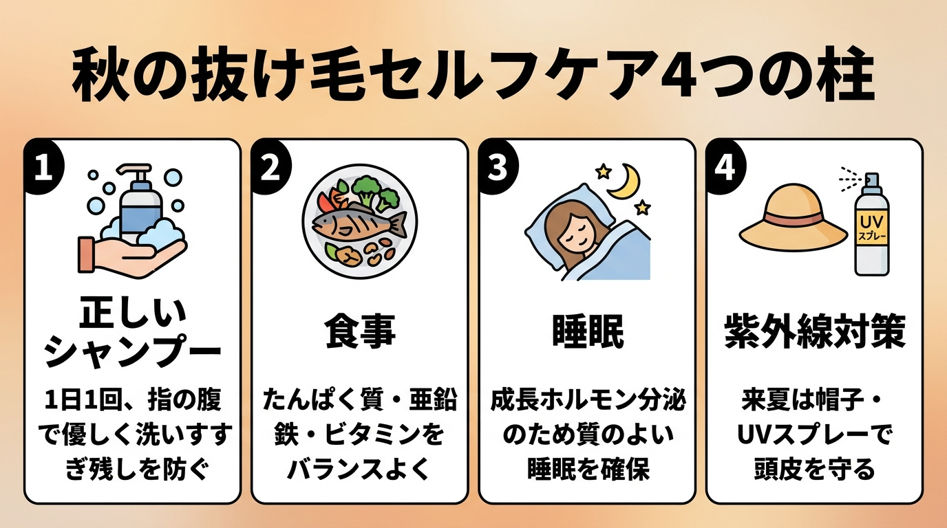 タイトル: 秋の抜け毛セルフケア4つの柱。横並び4カードで: カード1(シャンプーのアイコン)ヘッダー: 正しいシャンプー、説明: 1日1回、指の腹で優しく洗いすすぎ残しを防ぐ。カード2(食事のアイコン)ヘッダー: 食事、説明: たんぱく質・亜鉛・鉄・ビタミンをバランスよく。カード3(睡眠のアイコン)ヘッダー: 睡眠、説明: 成長ホルモン分泌のため質のよい睡眠を確保。カード4(帽子のアイコン)ヘッダー: 紫外線対策、説明: 来夏は帽子・UVスプレーで頭皮を守る