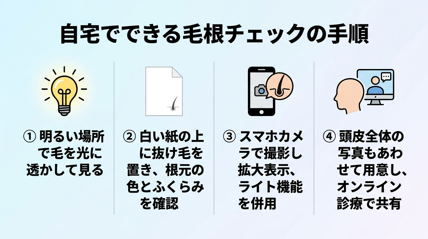 タイトル: 自宅でできる毛根チェックの手順。縦フロー4ステップ。ステップ1(明かりのアイコン): 明るい場所で毛を光に透かして見る。ステップ2(紙のアイコン): 白い紙の上に抜け毛を置き、根元の色とふくらみを確認。ステップ3(スマホのアイコン): スマホカメラで撮影し拡大表示、ライト機能を併用。ステップ4(頭部のアイコン): 頭皮全体の写真もあわせて用意し、オンライン診療で共有