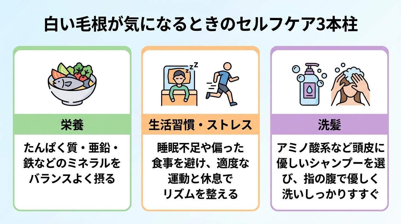 タイトル: 白い毛根が気になるときのセルフケア3本柱。横並び3カードで: カード1(食事のアイコン)ヘッダー: 栄養、説明: たんぱく質・亜鉛・鉄などのミネラルをバランスよく摂る。カード2(睡眠・運動のアイコン)ヘッダー: 生活習慣・ストレス、説明: 睡眠不足や偏った食事を避け、適度な運動と休息でリズムを整える。カード3(シャンプーのアイコン)ヘッダー: 洗髪、説明: アミノ酸系など頭皮に優しいシャンプーを選び、指の腹で優しく洗いしっかりすすぐ